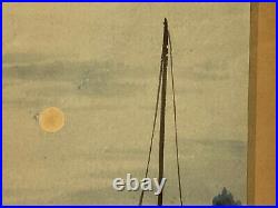 Antique Early 20th Century Japanese Watercolor Painting Boats on Water at Night