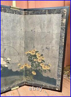 Antique Four Panel Japanese Byobu Painting Folding Brass Hangers Flowers Floral