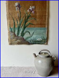 Antique Hand Painted Oil on Canvas Wall Hanging Swallows & Irises Rare