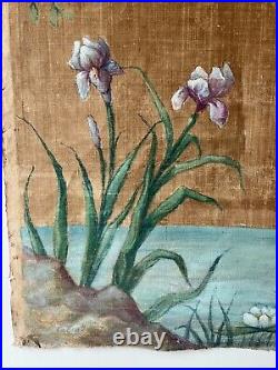 Antique Hand Painted Oil on Canvas Wall Hanging Swallows & Irises Rare
