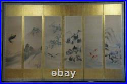 Antique Japan Byobu wind screen 1890s Japan interior painting