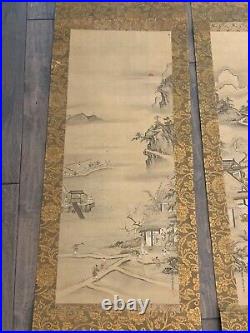 Antique Japanese 17th Century Kiyohara Yukinobu Signed Set of 3 Scroll Paintings
