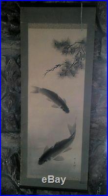 Antique Japanese Art Painting Koi Fish Carp Hanging Scroll Signed by Artist