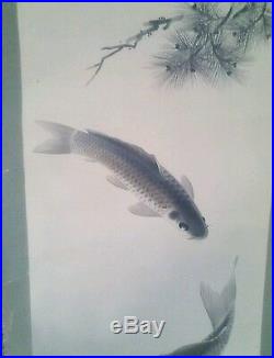 Antique Japanese Art Painting Koi Fish Carp Hanging Scroll Signed by Artist