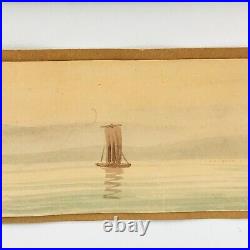 Antique Japanese Asian Watercolor Landscape Painting Boats Houses 12 x 2.5