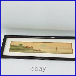 Antique Japanese Asian Watercolor Landscape Painting Boats Houses 12 x 2.5