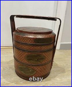 Antique Japanese Bento Box 19th Century Meiji Red Lacquer 3 Tier Hand Painted