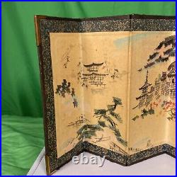 Antique Japanese Byobu Screen, Hand Painted, Kiyomizu Temple, Brass Corners