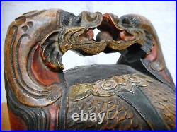 Antique Japanese Ceremonial Item Polychrome Paint Carved Wood Twin Dragon Handle