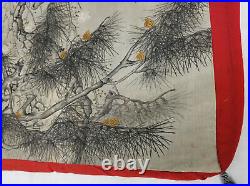 Antique Japanese Chinese Painting Embroidery Fukusa Gift Cover Pine Prunus