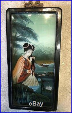 Antique Japanese Chinese Reverse Painting On Glass-Woman