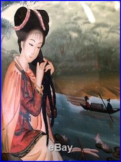 Antique Japanese Chinese Reverse Painting On Glass-Woman