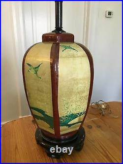 Antique Japanese Chinese Table Lamp Cranes Painting Birds Pagoda Lacquer Hexagon