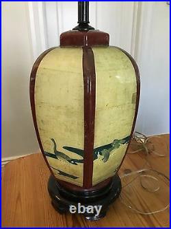 Antique Japanese Chinese Table Lamp Cranes Painting Birds Pagoda Lacquer Hexagon