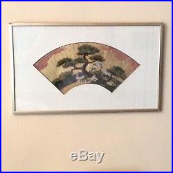 Antique Japanese Fan Painting, Hand Painted, Mounted & Framed, Pine Tree, C 1800