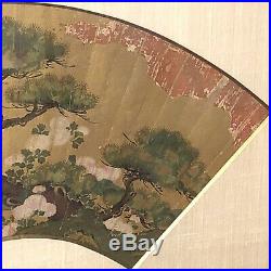 Antique Japanese Fan Painting, Hand Painted, Mounted & Framed, Pine Tree, C 1800