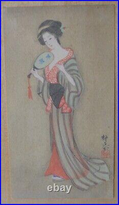 Antique Japanese Gouache painting, Geisha, signed and seal lower right