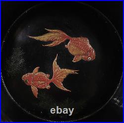 Antique Japanese Hand Painted Goldfish Lacquered Wood Bowl 19th century Meiji