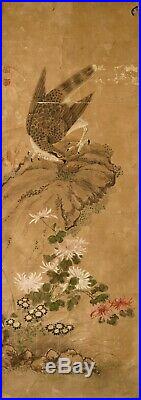 Antique Japanese Hanging Scroll Painting of Eagle Hawk Kano School