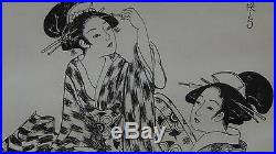 Antique Japanese Ink On The Paper Painting 2 Young Women Make Up Signed