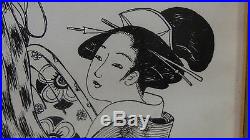 Antique Japanese Ink On The Paper Painting 2 Young Women Make Up Signed