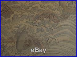 Antique Japanese Kakejiku Hanging Scroll Koi Carp Painting Waves