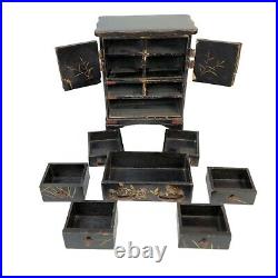 Antique Japanese Lacquer Box Kodansu Cabinet Meiji Gilted Gold Painted Vtg Black