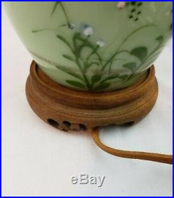 Antique Japanese Meiji Era Celadon Lamp Hand Painted Light Chinese Raised Flower