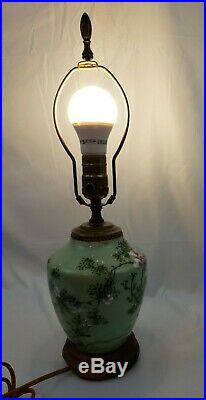 Antique Japanese Meiji Era Celadon Lamp Hand Painted Light Chinese Raised Flower