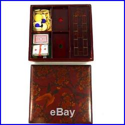 Antique Japanese Meiji Lacquer Games Box With Cribbage & Tokens Hand Painted