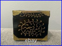Antique Japanese Meiji Lacquer Wood Box with Gold Painted & Brass Decoration
