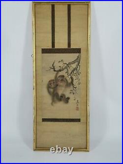 Antique Japanese Meiji Period Ink On Silk Framed Monkeys Red Seal Painting