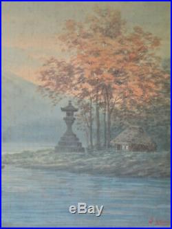Antique Japanese Mount Fuji Landscape Watercolor Painting