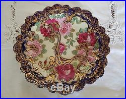 Antique Japanese Nippon Hand-Painted 12.5 Cobalt Blue Plate with Roses