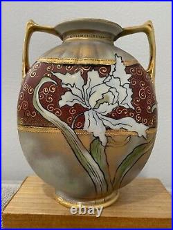 Antique Japanese Noritake Nippon Hand Painted Porcelain Vase Flowers Gold Beaded