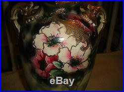 Antique Japanese Or Chinese Moriage Satsuma Vase-Painted Flowers-Handles-Large