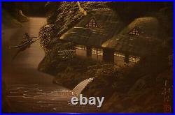Antique Japanese Original Vintage Signed River Boat Landscape Silk Oil Painting