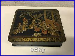 Antique Japanese Painted Lacquer Box with Women Birds Dogs & Gold Decoration