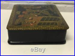 Antique Japanese Painted Lacquer Box with Women Birds Dogs & Gold Decoration