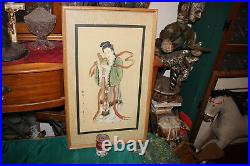 Antique Japanese Painting Geisha Girl Playing Instrument Signed Stamped Asian