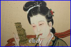 Antique Japanese Painting Geisha Girl Playing Instrument Signed Stamped Asian