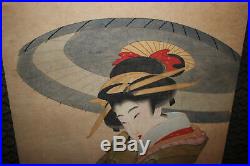 Antique Japanese Painting Geisha Girl Scroll-Large-Framed Asian Art