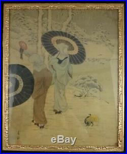 Antique Japanese Painting on Silk, 3 Geishas. C. 1770-1830. 19 ¼ x 15 3/8