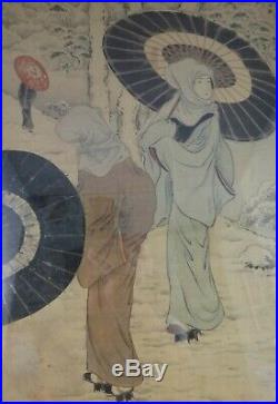 Antique Japanese Painting on Silk, 3 Geishas. C. 1770-1830. 19 ¼ x 15 3/8