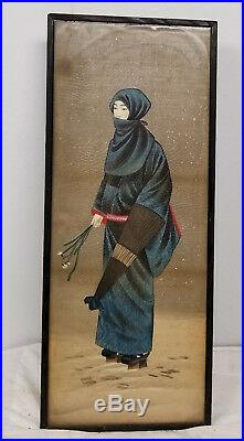 Antique Japanese Painting on Silk of a Lady Decorative Scroll