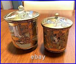 Antique Japanese Pair Of Kutani Wedding Tea Cups Gold Hand Painted With Lids