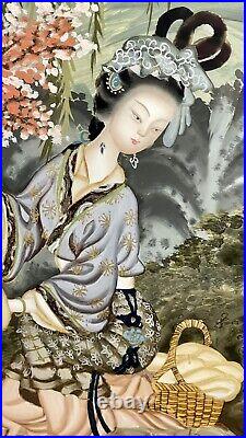 Antique Japanese Reverse Glass Painting Kimono Noble Women