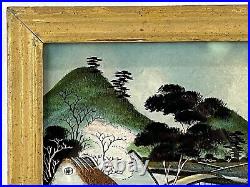 Antique Japanese Reverse Painting On Glass People Lake Boat Original Frame (#1)