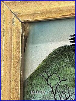 Antique Japanese Reverse Painting On Glass People Lake Boat Original Frame (#1)