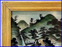 Antique Japanese Reverse Painting On Glass People Lake Boat Original Frame (#2)